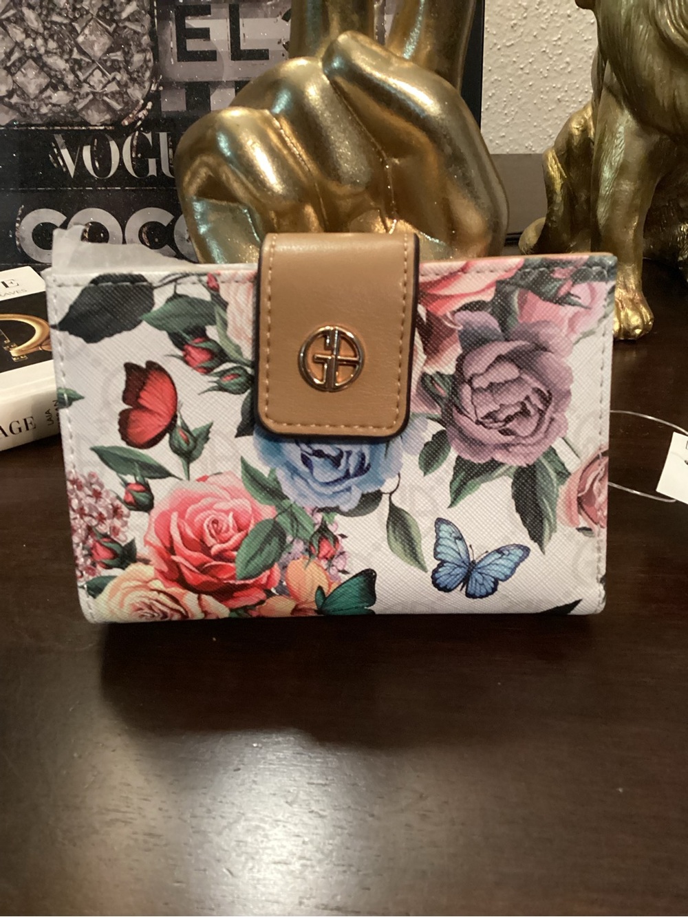 Floral Butterfly Fold Wallet with Tan Snap